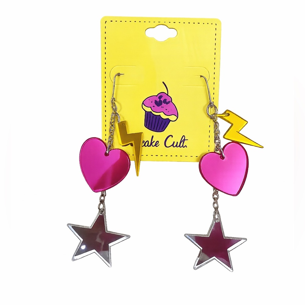 Cupcake Cult Y2K Pink Heart Star Lightning Bolt Dangle Earrings NWT Goth